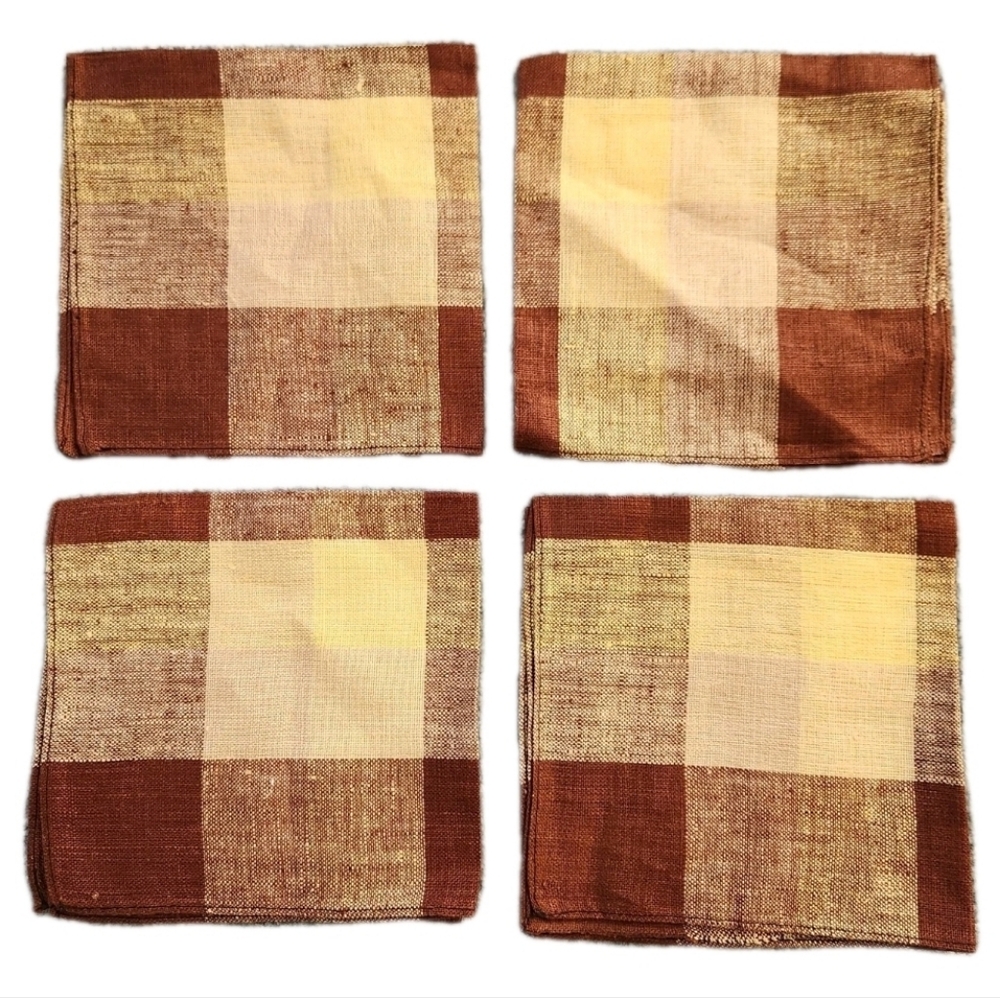 VTG Mid-Century Linen Napkins | Set of 4 NOS Brown & Golden Plaid Czechoslovkia
